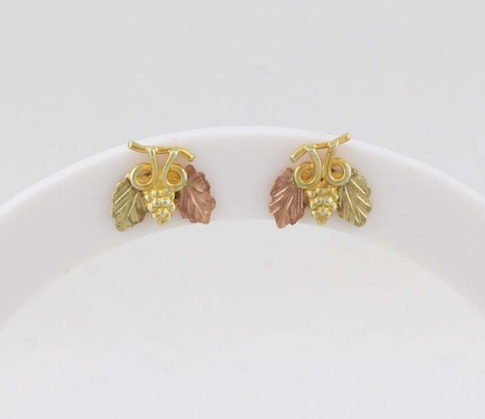 12k Yellow Gold Black Hills Gold Leaf Earrings Stud Post 3/8" x 3/8" inch